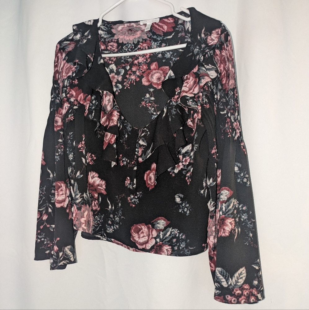 Leith Floral Ruffle Blouse - Black and Red